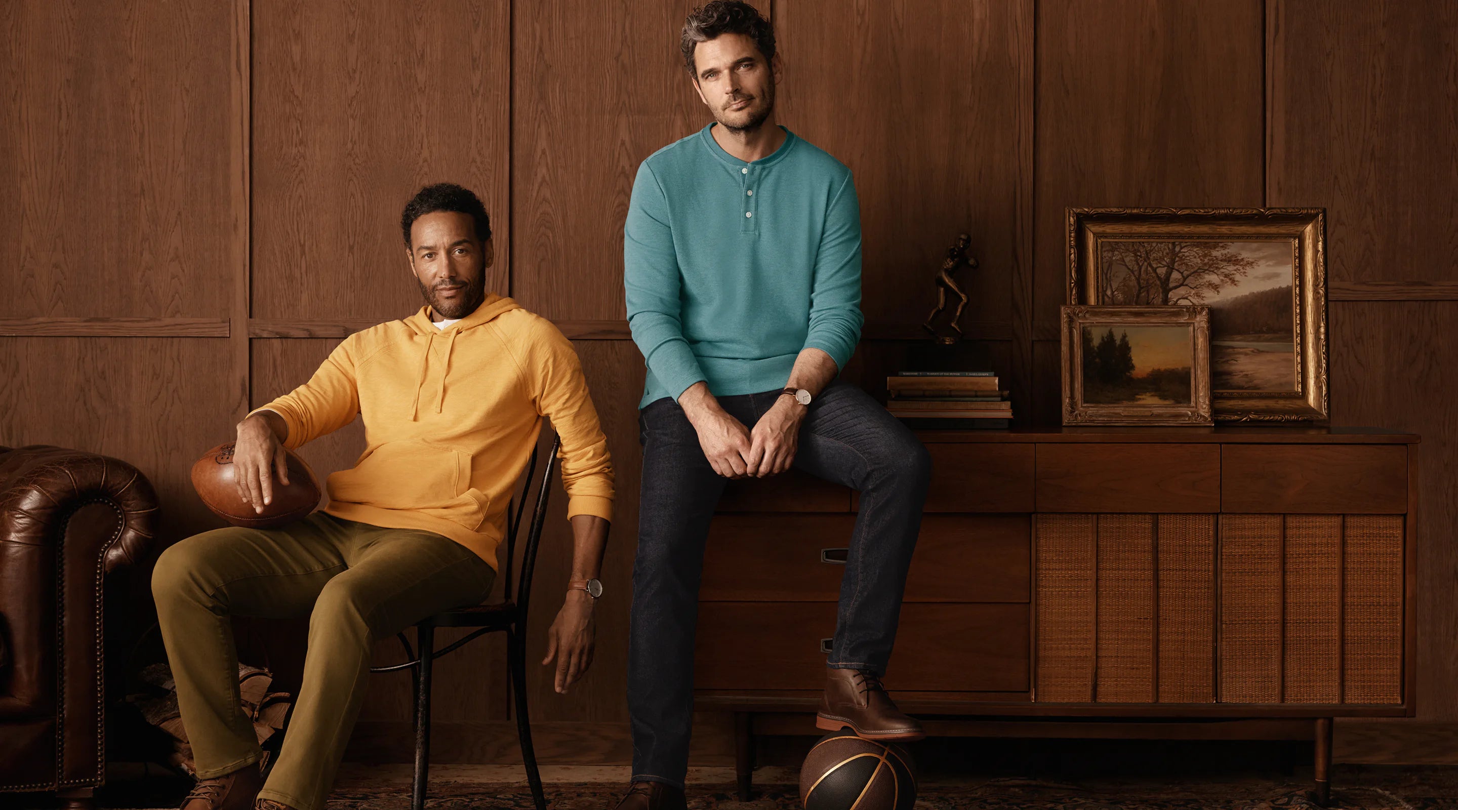 Two men enjoying a weekend at home