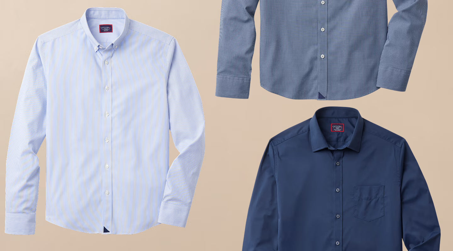 Three button-up shirts in various colors on a beige background.